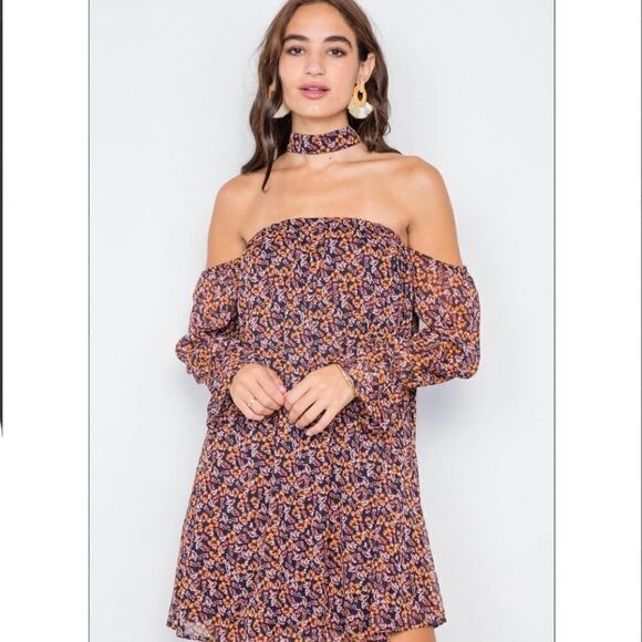 Lulu's En Creme Off The Shoulder Strappy Cage Back Long Sleeve Choker Neck Dress - Picture 5 of 6